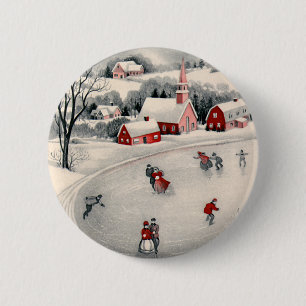 Vintage Christmas, Victorian Ice Skaters on Pond 6 Cm Round Badge