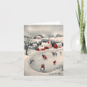 Vintage Christmas, Victorian Ice Skaters on Pond Holiday Card