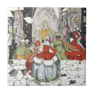 Vintage Christmas Victorian People Going to Church Ceramic Tile