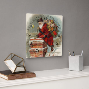 Vintage Christmas Victorian Saint Nicholas on Roof Square Wall Clock
