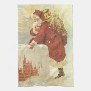 Vintage Christmas Victorian Santa Claus in Chimney Tea Towel