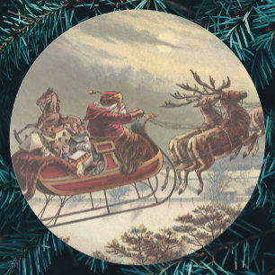 Vintage Christmas, Victorian Santa Claus in Sleigh Classic Round Sticker