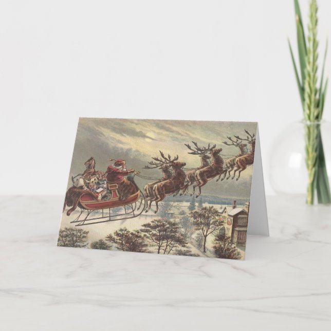 Vintage Christmas, Victorian Santa Claus in Sleigh Holiday Card (Front)