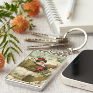 Vintage Christmas, Victorian Santa Claus in Sleigh Key Ring