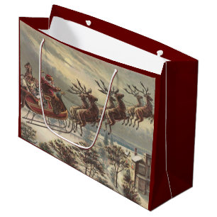 Vintage Christmas, Victorian Santa Claus in Sleigh Large Gift Bag
