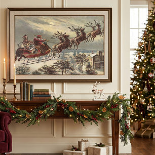 Vintage Christmas, Victorian Santa Claus in Sleigh Poster