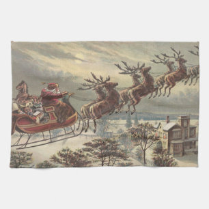 Vintage Christmas, Victorian Santa Claus in Sleigh Tea Towel