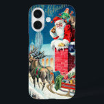 Vintage Christmas Victorian Santa Claus on Chimney iPhone 16 Case<br><div class="desc">Vintage illustration Christmas holiday design featuring a Victorian Santa Claus on a rooftop about to go down the chimney. The reindeer and sleigh are on the roof waiting. A beautiful church is in the background with stars and the moon in the blue night sky.</div>