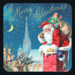 Vintage Christmas Victorian Santa Claus on Chimney Square Sticker<br><div class="desc">Easy to personalise Christmas gift tags to create a custom message. Vintage illustration Christmas holiday design featuring a Victorian Santa Claus on a rooftop about to go down the chimney. The reindeer and sleigh are on the roof waiting. A beautiful church is in the background with stars and the moon...</div>