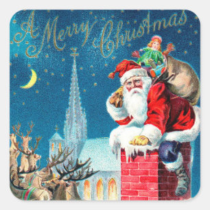 Vintage Christmas Victorian Santa Claus on Chimney Square Sticker
