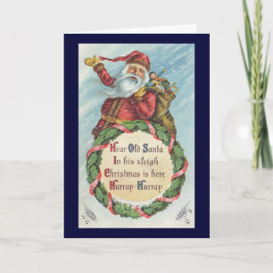 Vintage Christmas, Victorian Santa Claus on Wreath Holiday Card