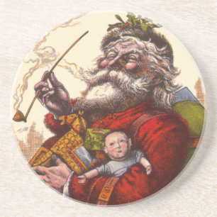 Vintage Christmas, Victorian Santa Claus Pipe Toys Coaster