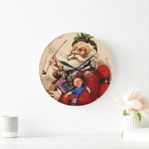 Vintage Christmas, Victorian Santa Claus Pipe Toys Large Clock