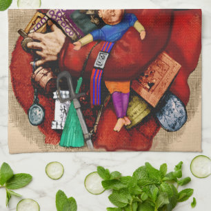 Vintage Christmas, Victorian Santa Claus Pipe Toys Tea Towel