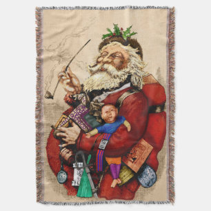 Vintage Christmas, Victorian Santa Claus Pipe Toys Throw Blanket