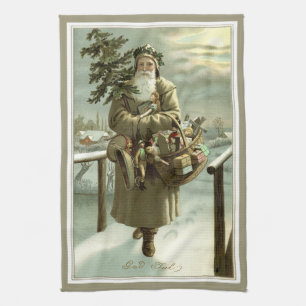 Vintage Christmas, Victorian Santa Claus with Toys Tea Towel