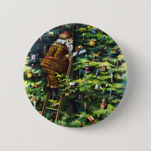 Vintage Christmas, Victorian Santa Claus with Tree 6 Cm Round Badge