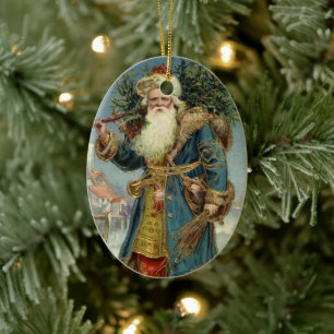 Vintage Christmas, Victorian Santa Claus with Tree Ceramic Ornament