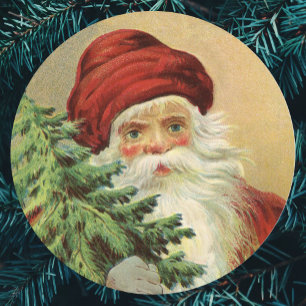Vintage Christmas, Victorian Santa Claus with Tree Classic Round Sticker