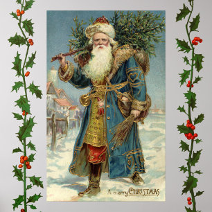 Vintage Christmas, Victorian Santa Claus with Tree Poster