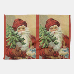 Vintage Christmas, Victorian Santa Claus with Tree Tea Towel