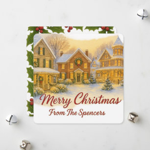 Vintage Christmas Village & Holly Photo Holiday Card