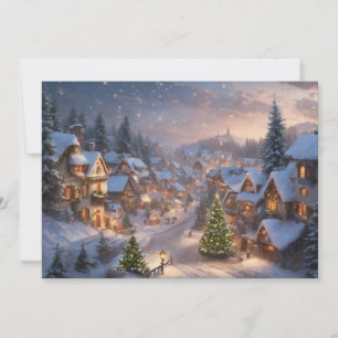 Vintage Christmas Village on a Snowy Night Holiday Card