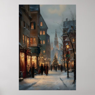 Vintage Christmas Village Print, Antique Holiday Poster