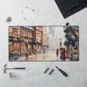 Vintage Christmas Village Street Holiday Desk Mat