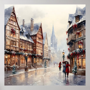 Vintage Christmas Village Street Holiday Poster