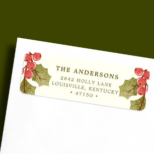 Vintage Christmas Watercolor Holly Leaves Return Address Label