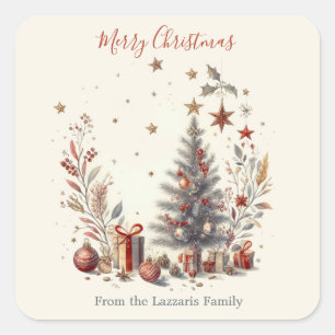 Vintage Christmas Watercolor Image Square Sticker