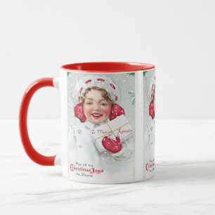 Vintage Christmas Watercolor Little Girl Present Mug