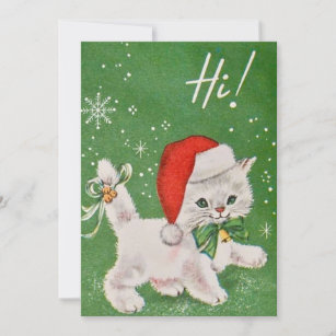 Vintage Christmas White Cat in Santa Hat Holiday Card