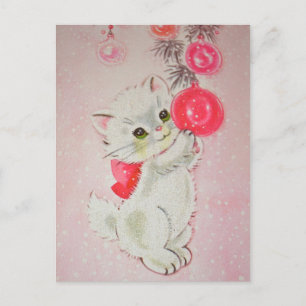 Vintage Christmas White Kitty Holiday Postcard