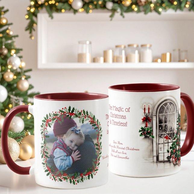Vintage Christmas Window and Holly Photo Mug (Beautiful Christmas photo mug with a holly wreath bordering your photo and a vintage Christmas scene)