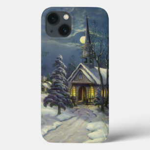Vintage Christmas, Winter Church in Snow with Moon iPhone 13 Case