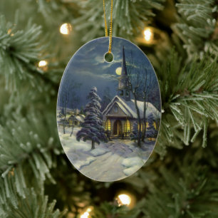 Vintage Christmas, Winter Church in Snow with Moon Ceramic Tree Decoration