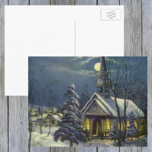 Vintage Christmas, Winter Church in Snow with Moon Holiday Postcard