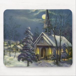 Vintage Christmas, Winter Church in Snow with Moon Mouse Pad