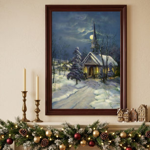 Vintage Christmas, Winter Church in Snow with Moon Poster