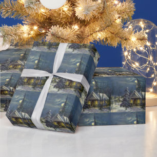 Vintage Christmas, Winter Church in Snow with Moon Wrapping Paper