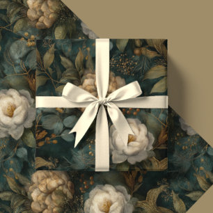 Vintage Christmas Winter Green and Cream Floral Wrapping Paper