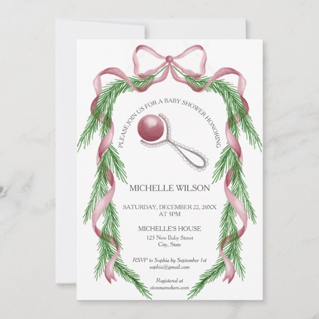 Vintage Christmas Winter Greenery Pink Bow  Invitation (Front)