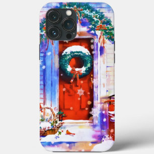 Vintage Christmas Winter Red Home Door Watercolor iPhone 13 Pro Max Case