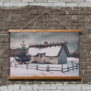 Vintage Christmas Winter Scene with Cabin Hanging Tapestry