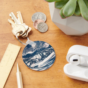 Vintage Christmas, Winter Snow Mountain Landscape Key Ring