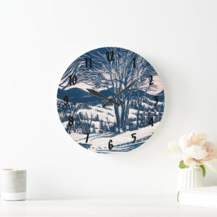 Vintage Christmas, Winter Snow Mountain Landscape  Large Clock