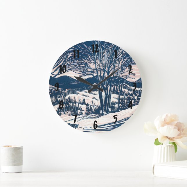 Vintage Christmas, Winter Snow Mountain Landscape  Large Clock (Home)