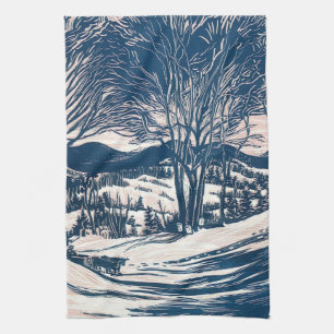 Vintage Christmas, Winter Snow Mountain Landscape  Tea Towel
